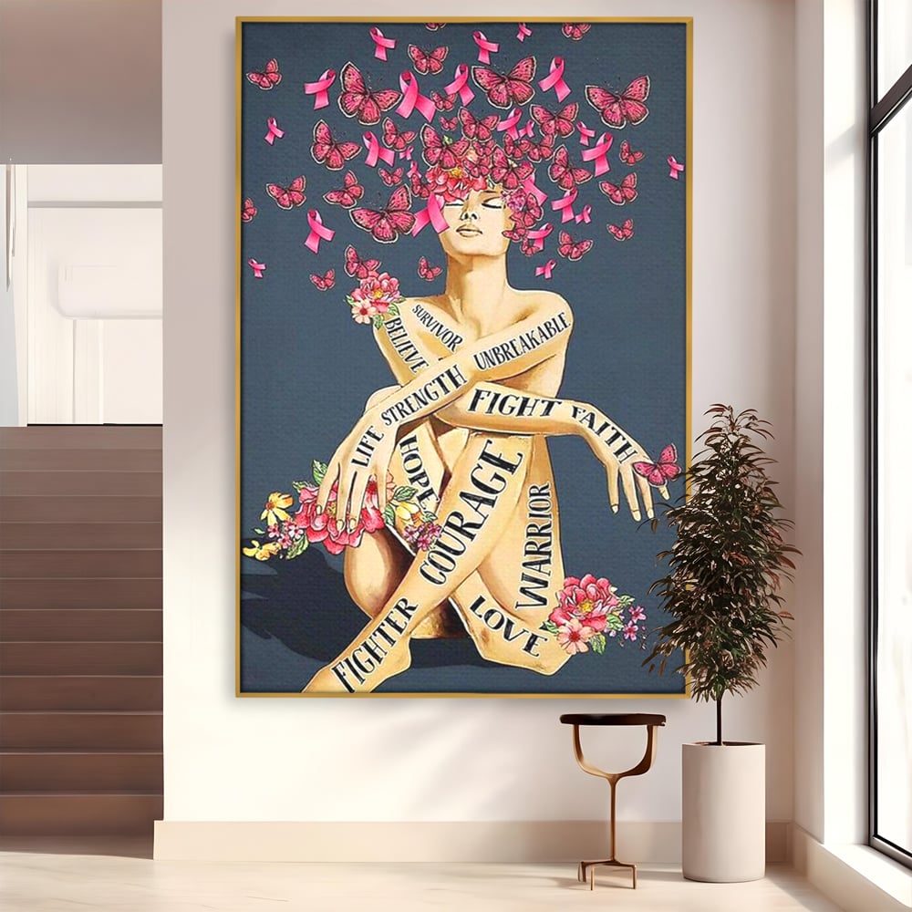 Tablou canvas cu tablou canvas cu portret de femeie si flori, in rama de aluminiu auriu