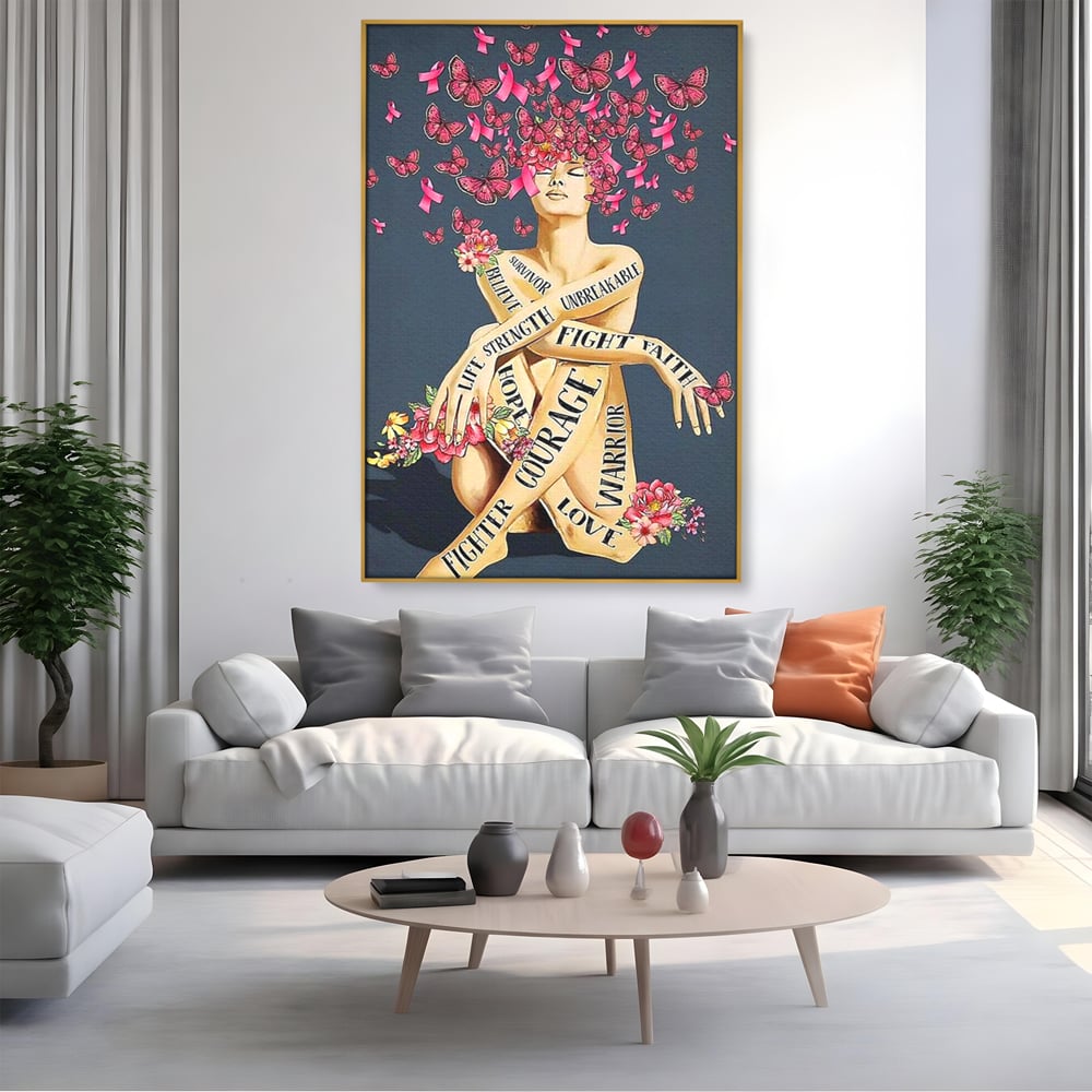 Tablou canvas cu tablou canvas cu portret de femeie si flori, in rama de aluminiu auriu, pe perete intr-un living