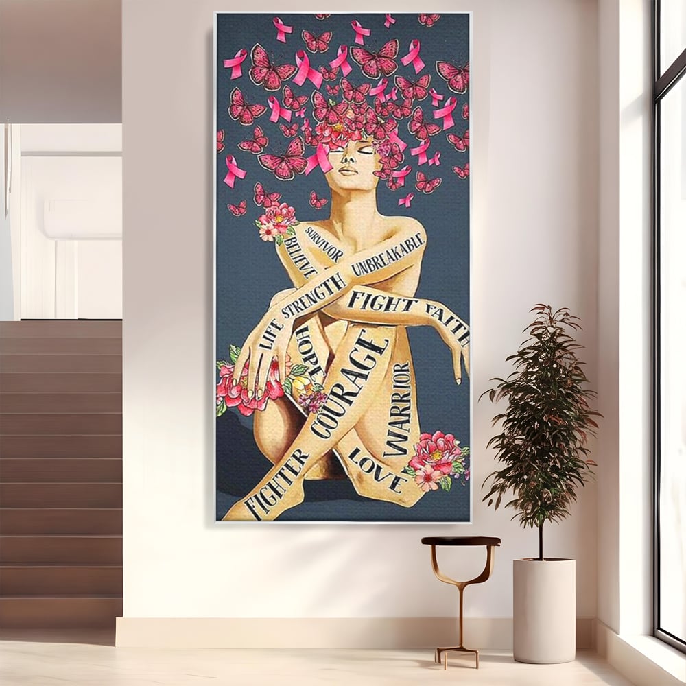 Tablou canvas cu tablou canvas cu portret de femeie si flori, in rama de aluminiu argintiu