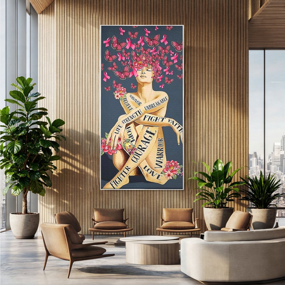 Tablou canvas cu tablou canvas cu portret de femeie si flori, in rama de aluminiu argintiu, pe perete intr-un birou