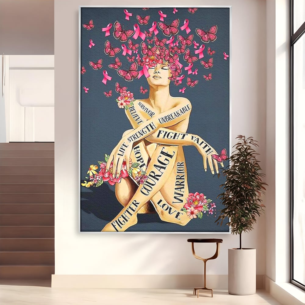 Tablou canvas cu tablou canvas cu portret de femeie si flori, in rama de aluminiu argintiu