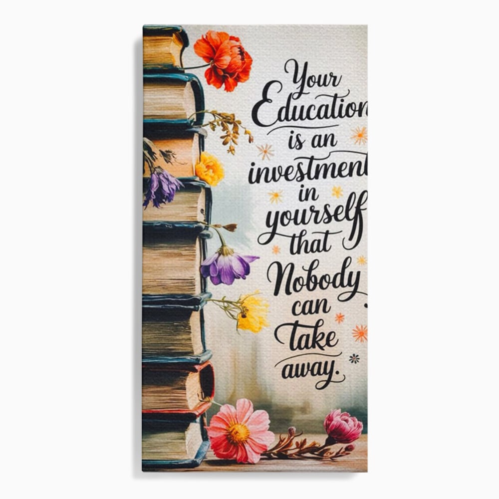 Tablou canvas cu tablou motivational cu teanc de carti si flori, fara rama, pe sasiu de lemn