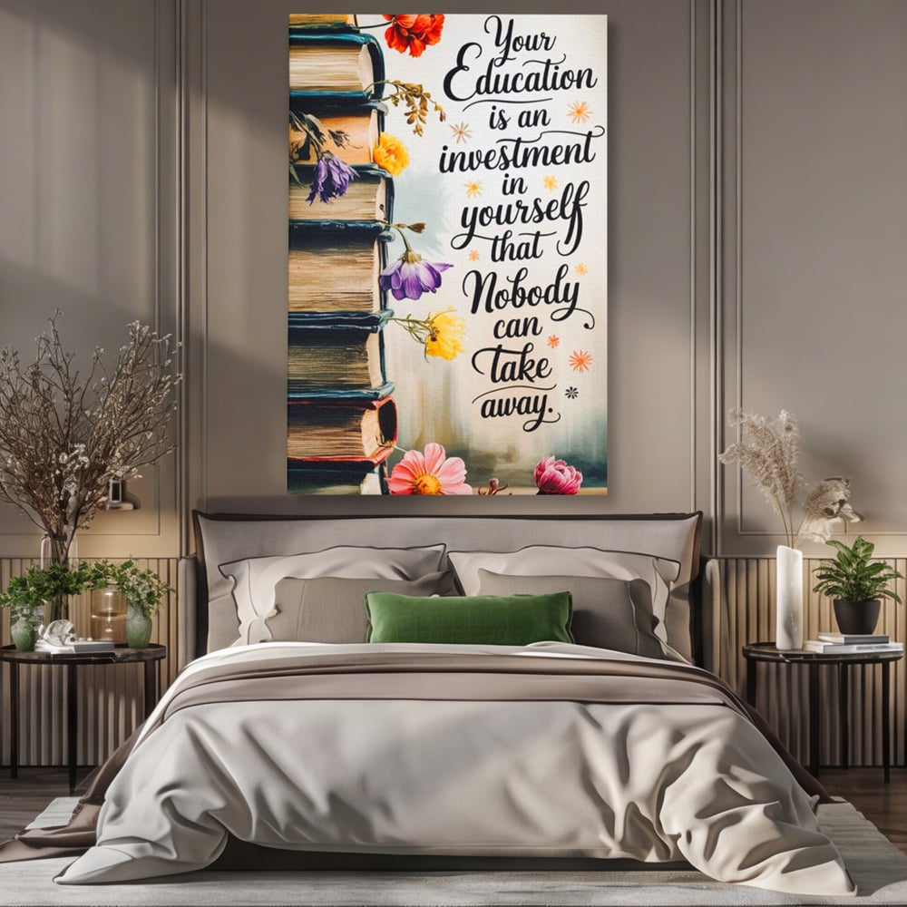 Tablou canvas cu tablou motivational cu teanc de carti si flori, fara rama, pe sasiu de lemn, pe perete intr-un dormitor