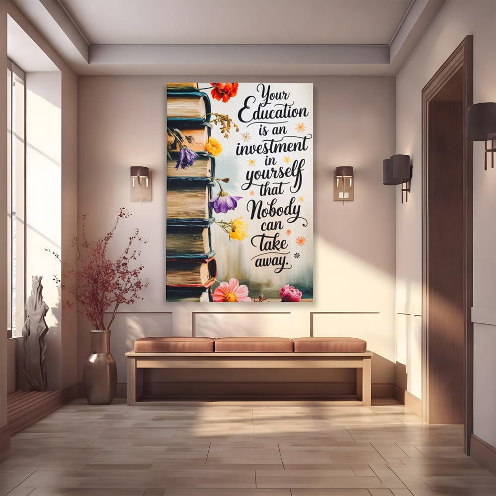 Tablou canvas cu tablou motivational cu teanc de carti si flori, fara rama, pe sasiu de lemn