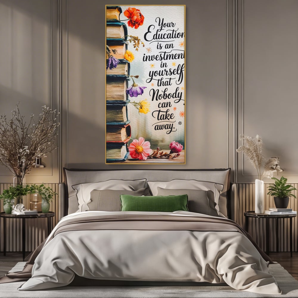 Tablou canvas cu tablou motivational cu teanc de carti si flori, in rama de aluminiu auriu, pe perete intr-un dormitor