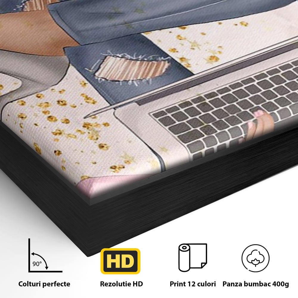 Detaliu al suprafetei: ilustratie digitala cu femeie la laptop, in rama de aluminiu negru