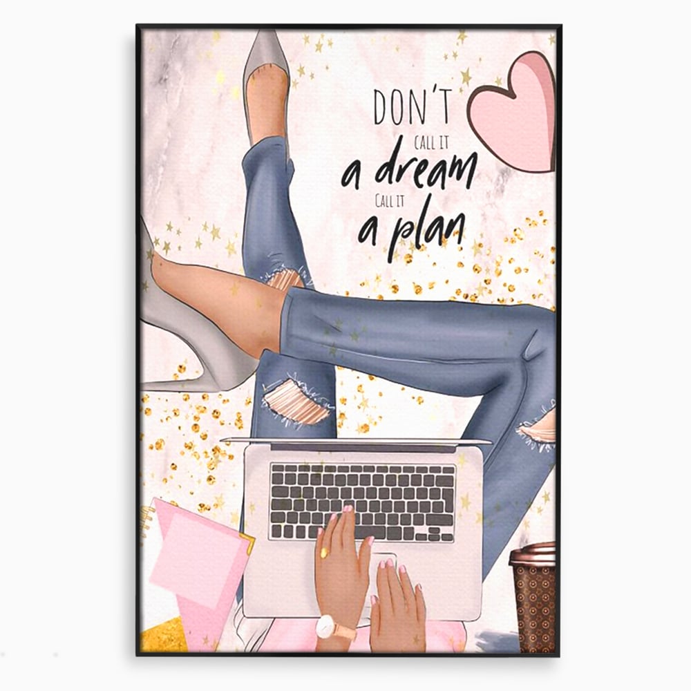 Tablou canvas cu ilustratie digitala cu femeie la laptop, in rama de aluminiu negru