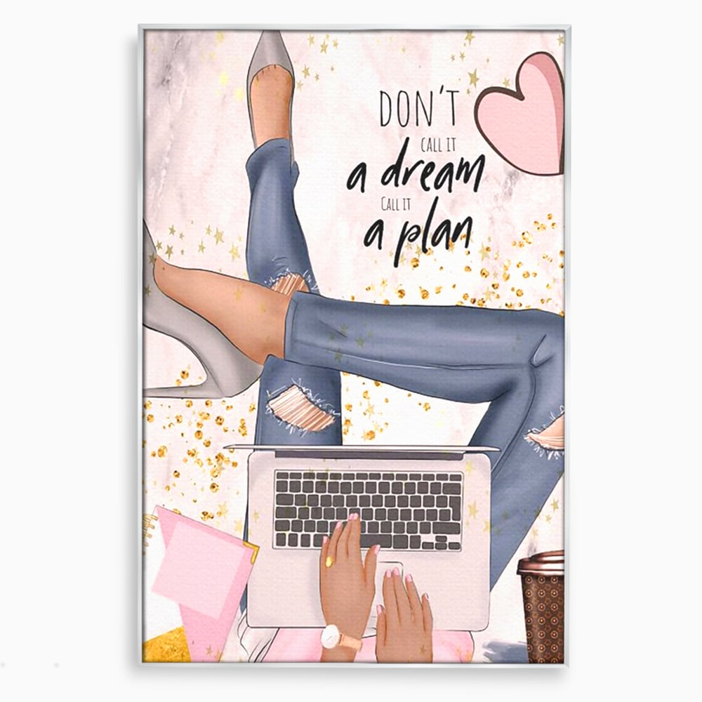 Tablou canvas cu ilustratie digitala cu femeie la laptop, in rama de aluminiu argintiu