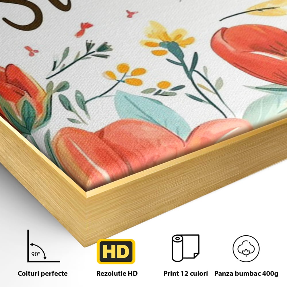 Detaliu al suprafetei: tablou motivational cu flori si soare, in rama de aluminiu auriu