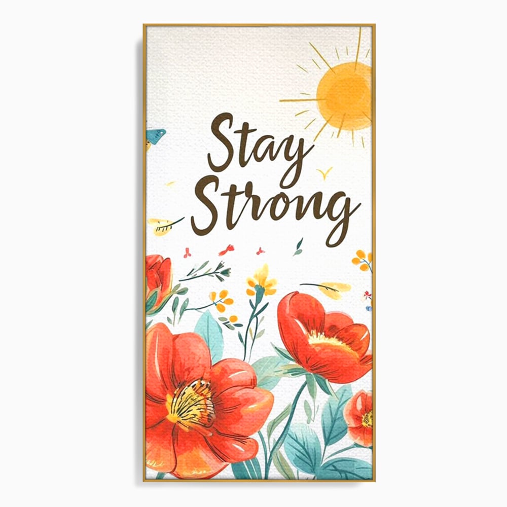 Tablou canvas cu tablou motivational cu flori si soare, in rama de aluminiu auriu