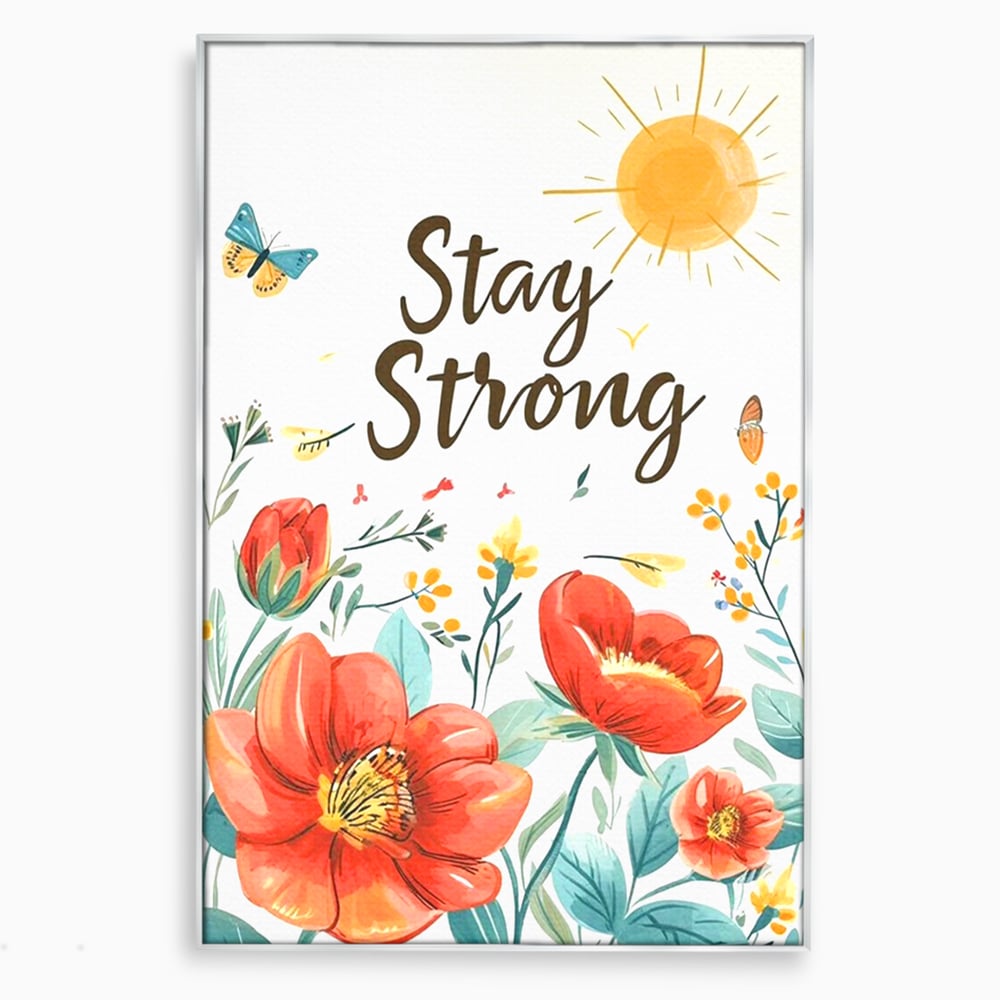 Tablou canvas cu tablou motivational cu flori si soare, in rama de aluminiu argintiu