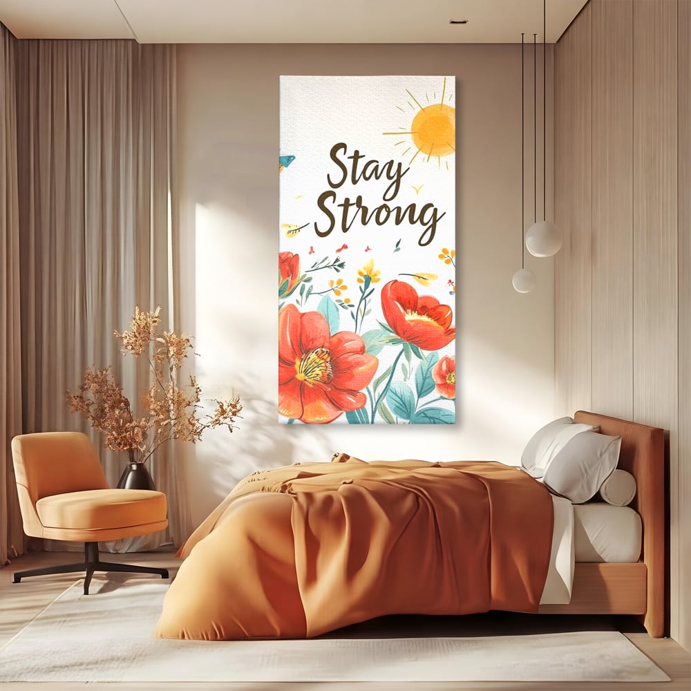 Tablou canvas cu tablou motivational cu flori si soare, fara rama, pe sasiu de lemn, pe perete intr-un dormitor