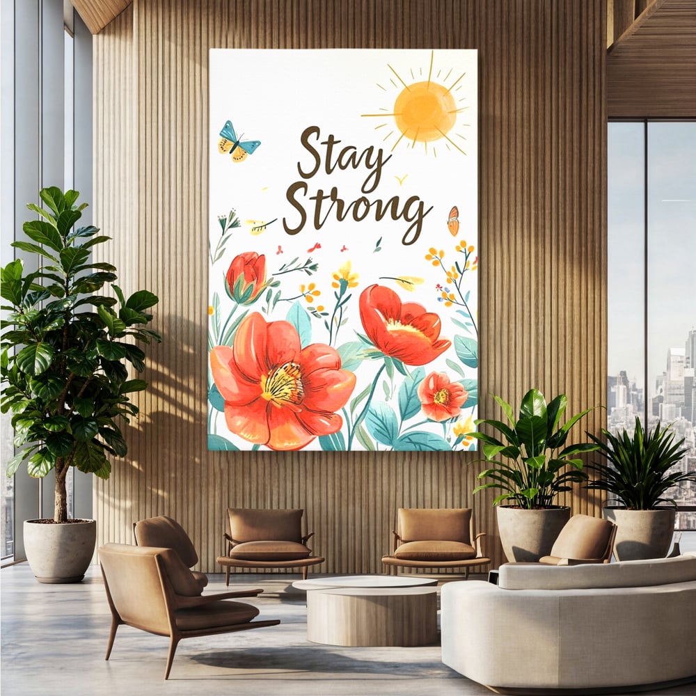 Tablou canvas cu tablou motivational cu flori si soare, fara rama, pe sasiu de lemn, pe perete intr-un birou