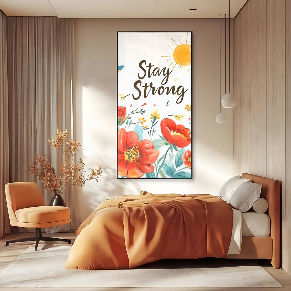 Tablou canvas cu tablou motivational cu flori si soare, in rama de aluminiu negru, pe perete intr-un dormitor