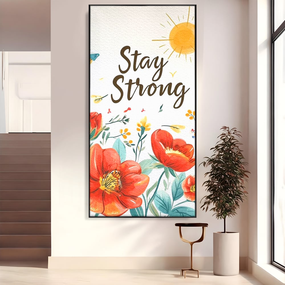 Tablou canvas cu tablou motivational cu flori si soare, in rama de aluminiu negru