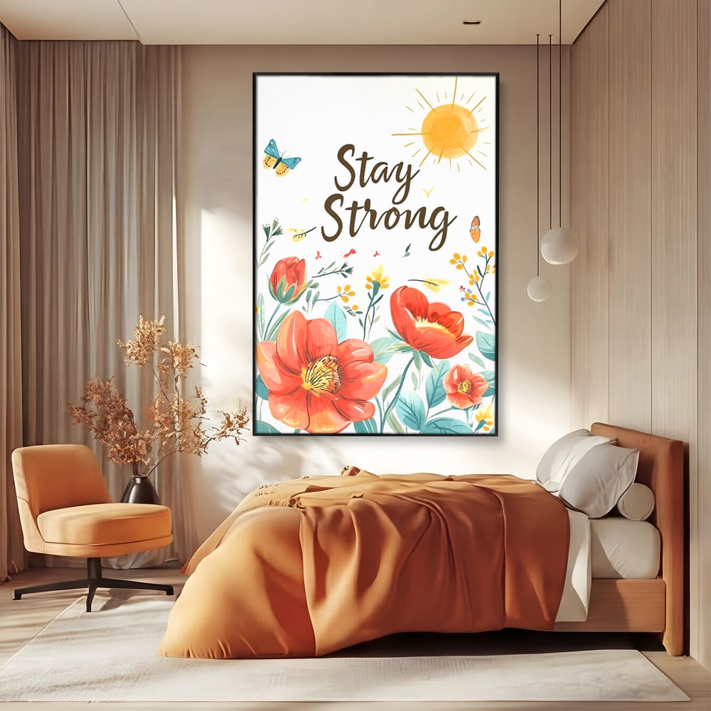 Tablou canvas cu tablou motivational cu flori si soare, in rama de aluminiu negru, pe perete intr-un dormitor