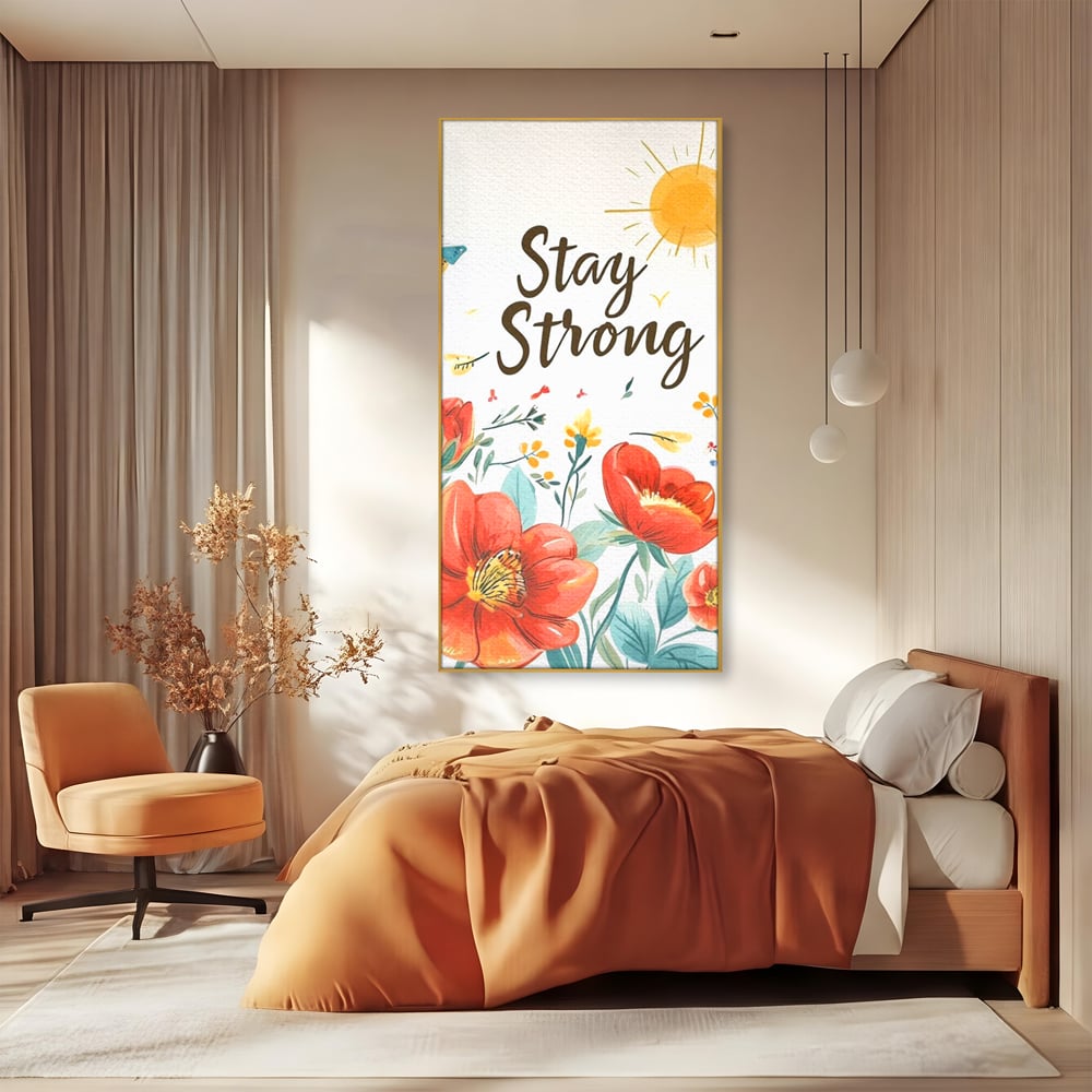 Tablou canvas cu tablou motivational cu flori si soare, in rama de aluminiu auriu, pe perete intr-un dormitor