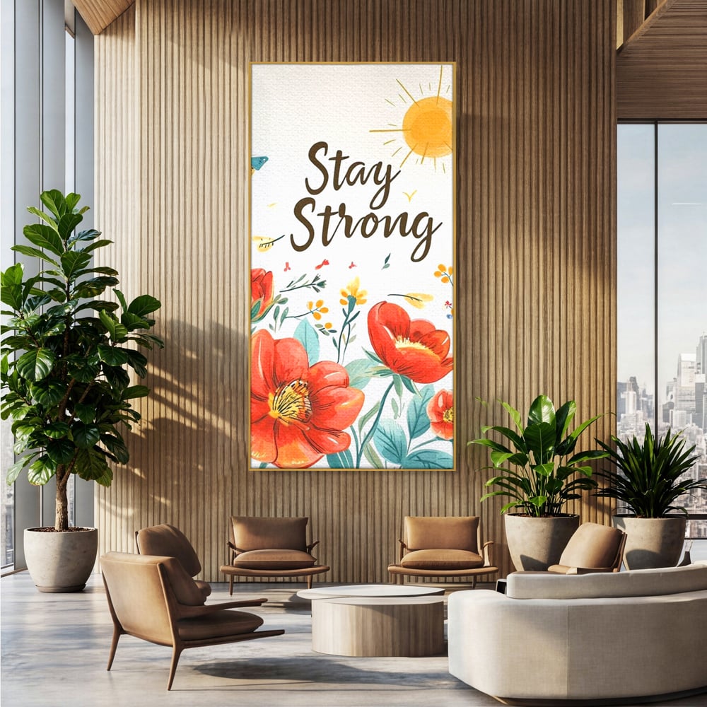 Tablou canvas cu tablou motivational cu flori si soare, in rama de aluminiu auriu, pe perete intr-un birou