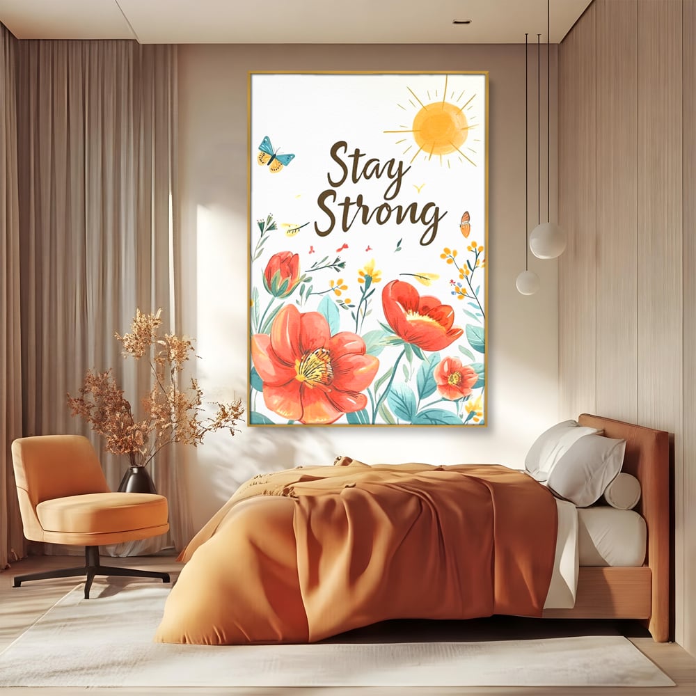 Tablou canvas cu tablou motivational cu flori si soare, in rama de aluminiu auriu, pe perete intr-un dormitor