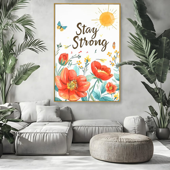 Tablou canvas cu tablou motivational cu flori si soare, in rama de aluminiu auriu, pe perete intr-un living