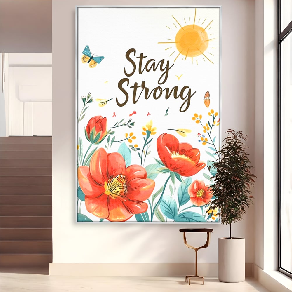 Tablou canvas cu tablou motivational cu flori si soare, in rama de aluminiu argintiu