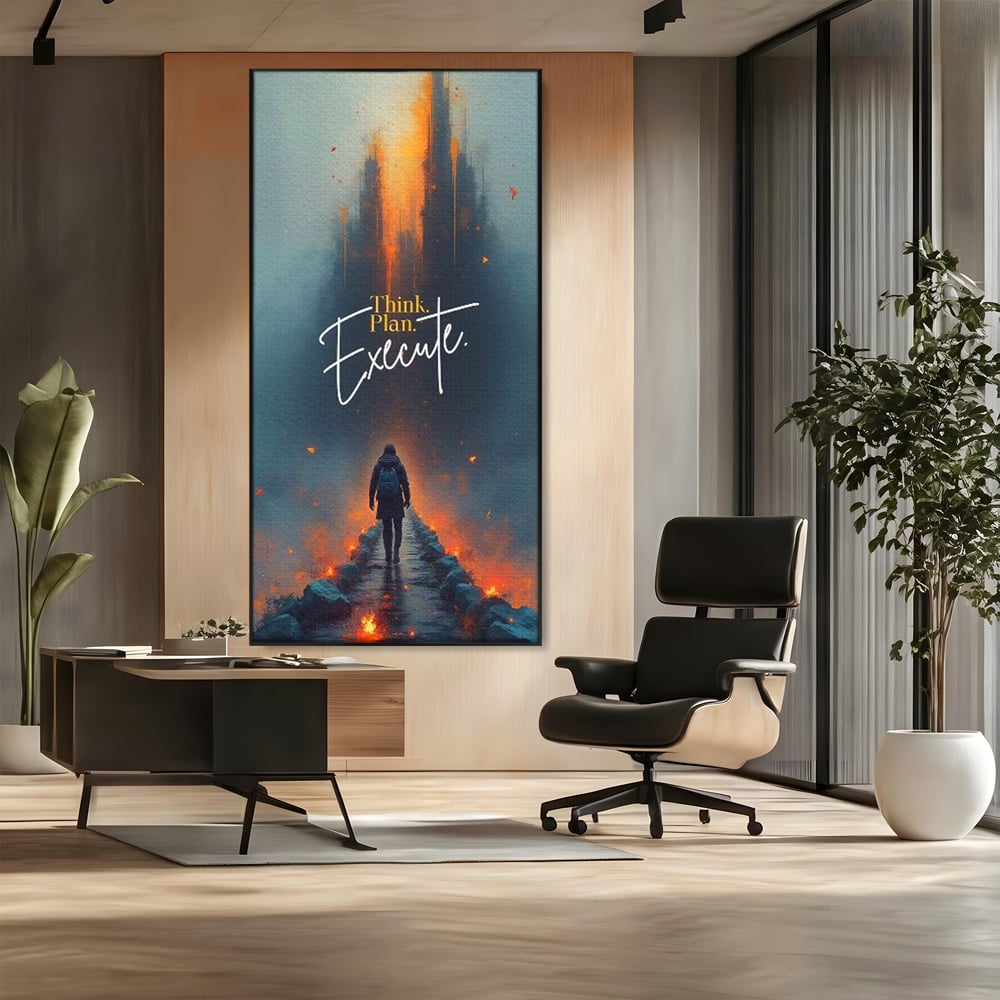 Tablou canvas cu tablou canvas cu calator pe pod, in rama de aluminiu negru, pe perete intr-un birou