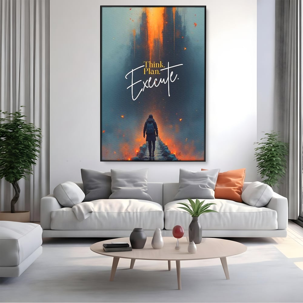 Tablou canvas cu tablou canvas cu calator pe pod, in rama de aluminiu negru, pe perete intr-un living