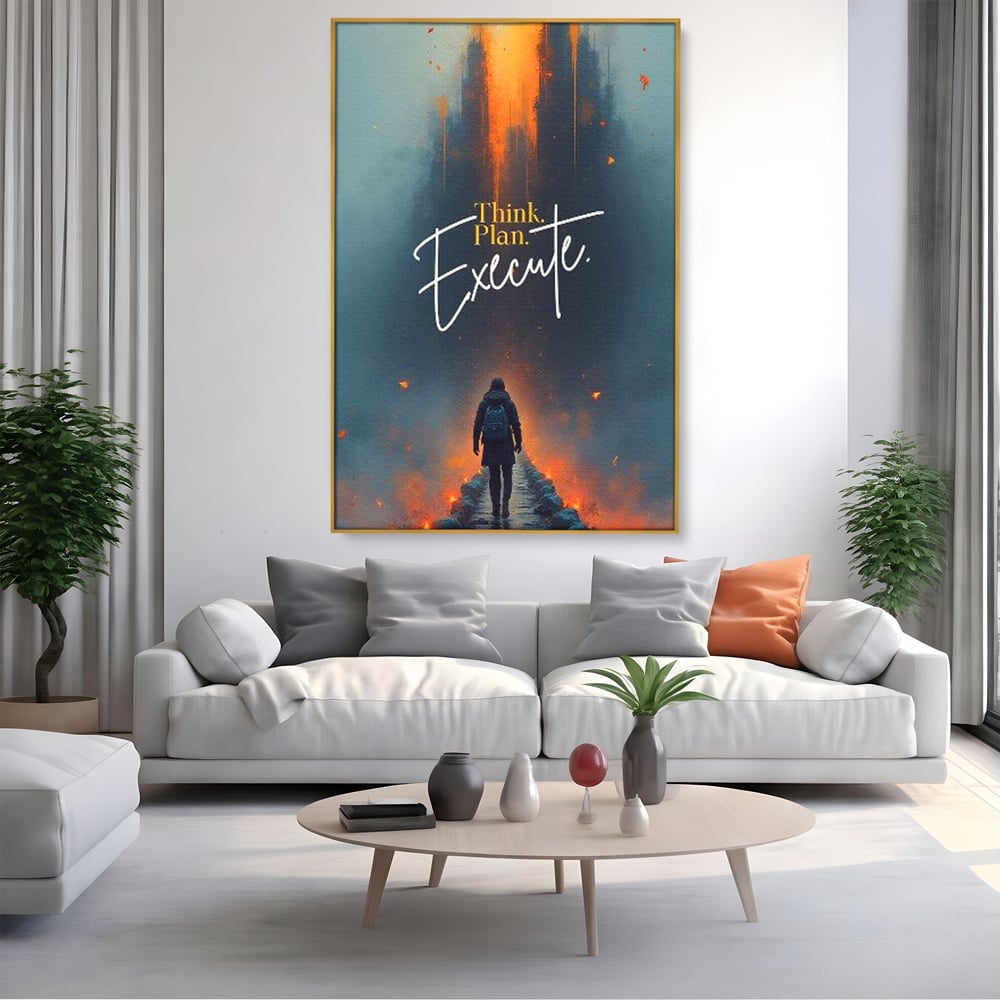 Tablou canvas cu tablou canvas cu calator pe pod, in rama de aluminiu auriu, pe perete intr-un living