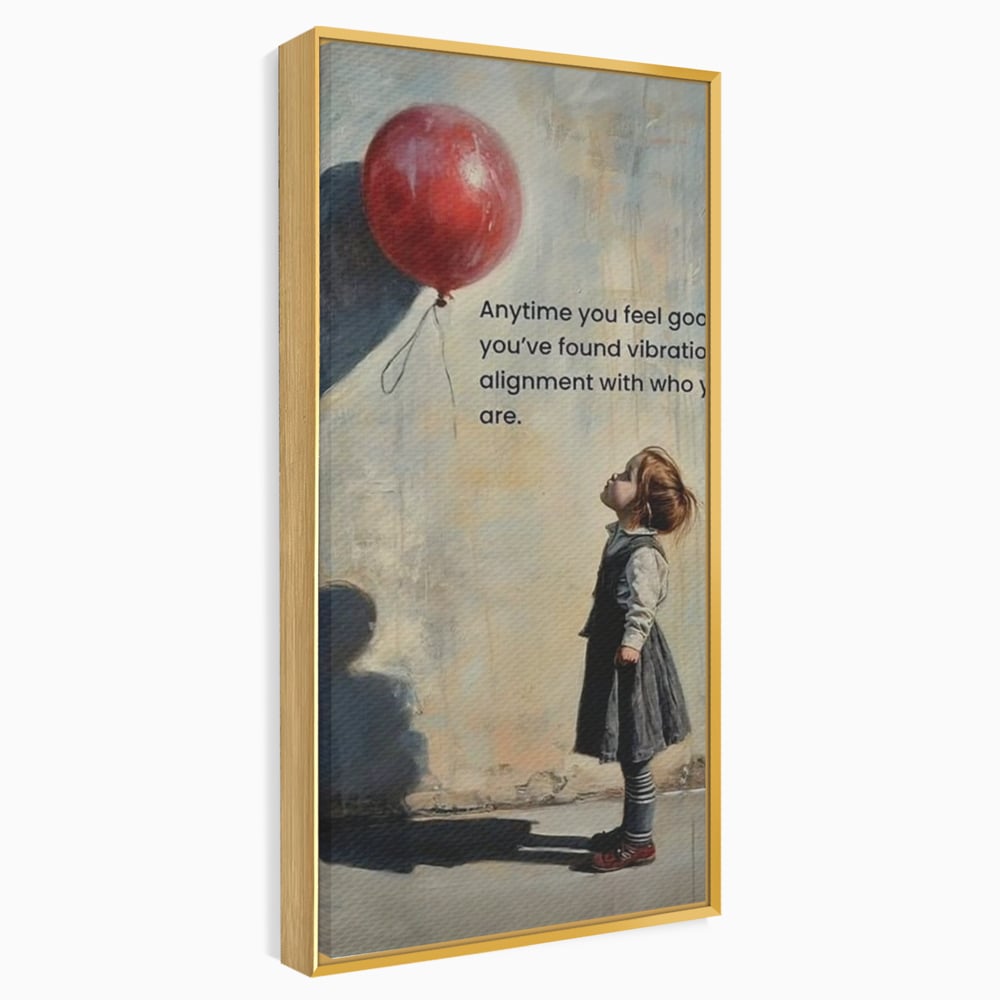 Tablou canvas cu tablou canvas cu fetita si balon rosu, in rama de aluminiu auriu