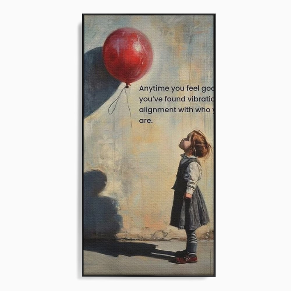 Tablou canvas cu tablou canvas cu fetita si balon rosu, in rama de aluminiu negru