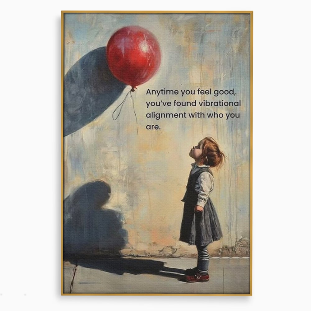 Tablou canvas cu tablou canvas cu fetita si balon rosu, in rama de aluminiu auriu