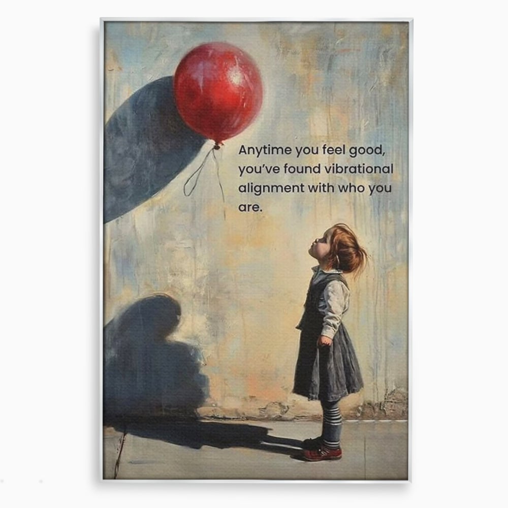 Tablou canvas cu tablou canvas cu fetita si balon rosu, in rama de aluminiu argintiu