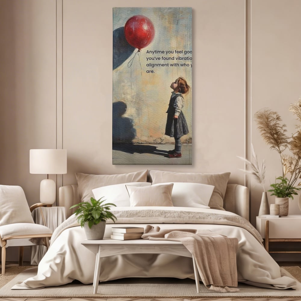 Tablou canvas cu tablou canvas cu fetita si balon rosu, fara rama, pe sasiu de lemn, pe perete intr-un dormitor