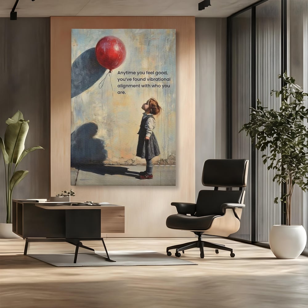 Tablou canvas cu tablou canvas cu fetita si balon rosu, fara rama, pe sasiu de lemn, pe perete intr-un birou