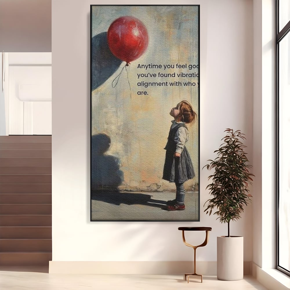 Tablou canvas cu tablou canvas cu fetita si balon rosu, in rama de aluminiu negru
