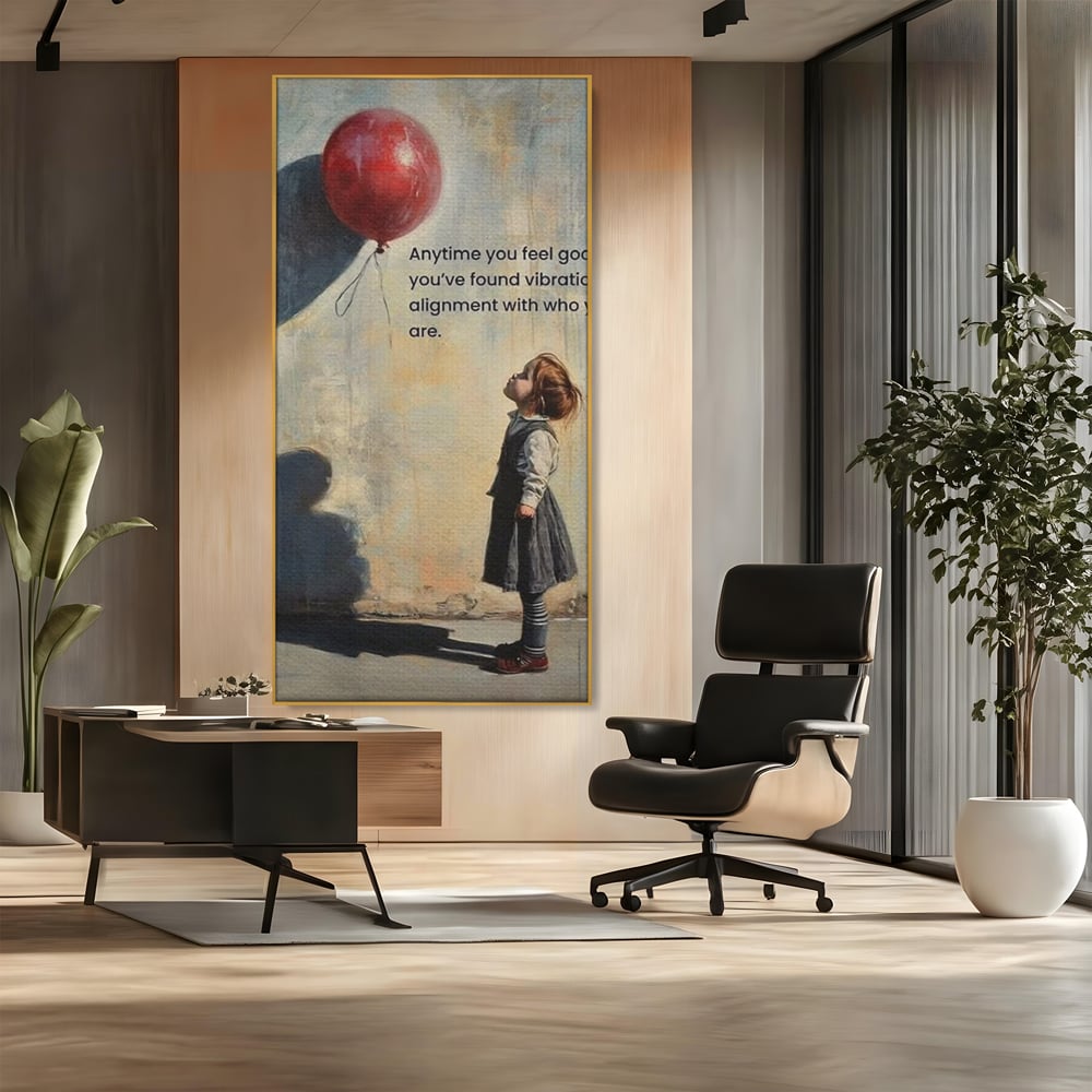 Tablou canvas cu tablou canvas cu fetita si balon rosu, in rama de aluminiu auriu, pe perete intr-un birou
