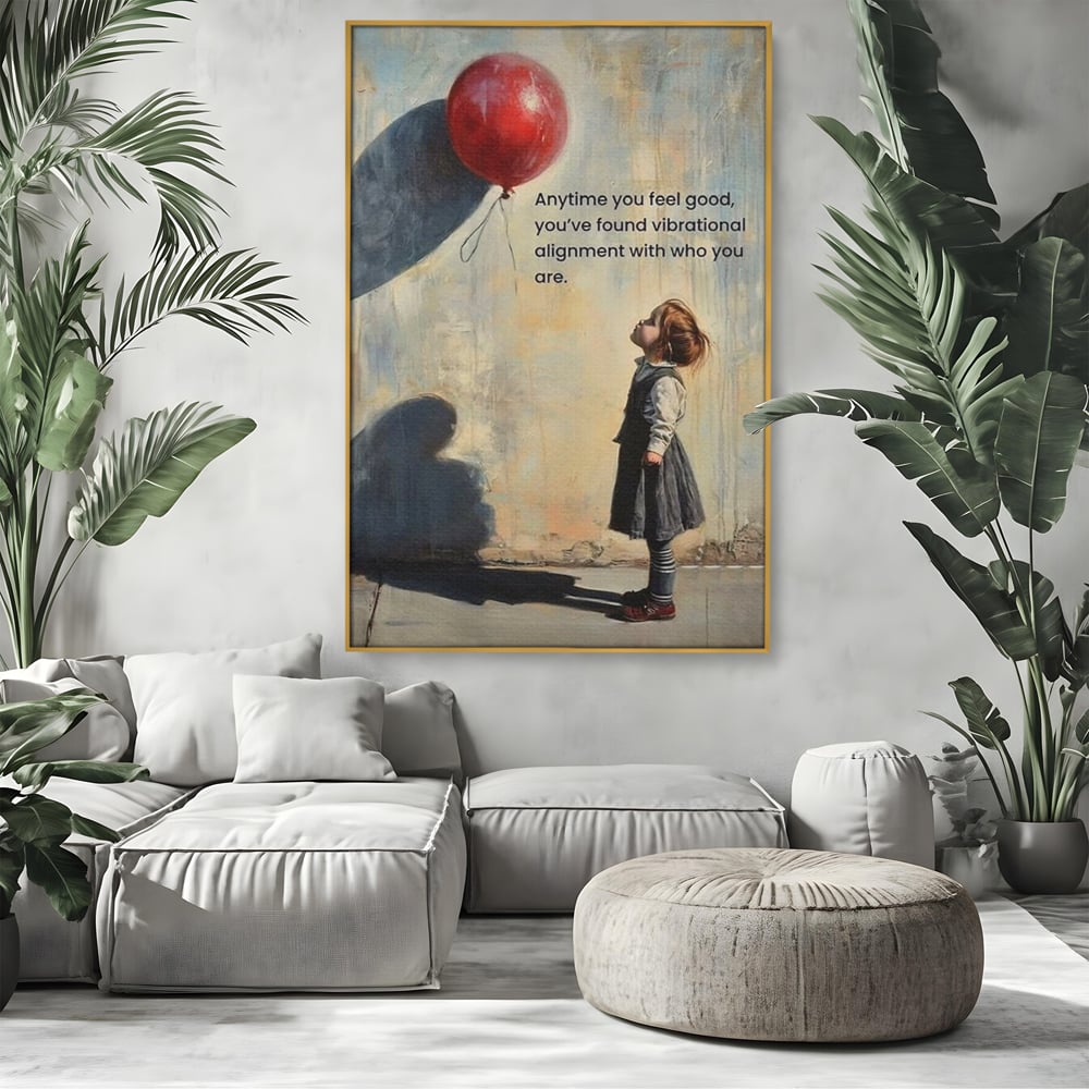 Tablou canvas cu tablou canvas cu fetita si balon rosu, in rama de aluminiu auriu, pe perete intr-un living