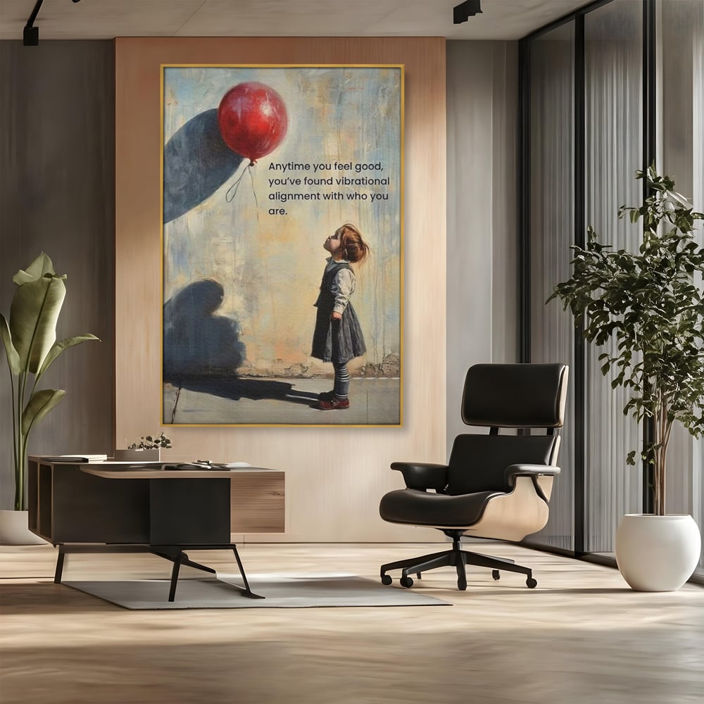 Tablou canvas cu tablou canvas cu fetita si balon rosu, in rama de aluminiu auriu, pe perete intr-un birou