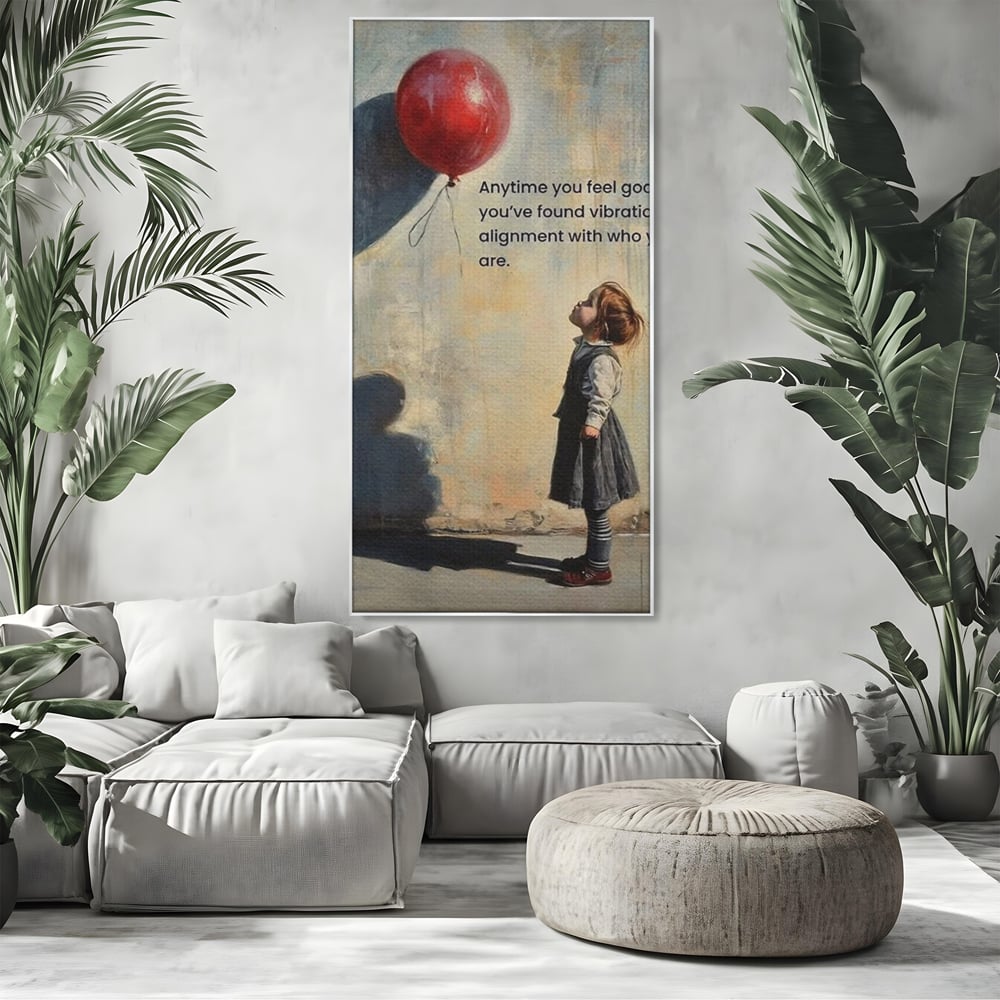 Tablou canvas cu tablou canvas cu fetita si balon rosu, in rama de aluminiu argintiu, pe perete intr-un living