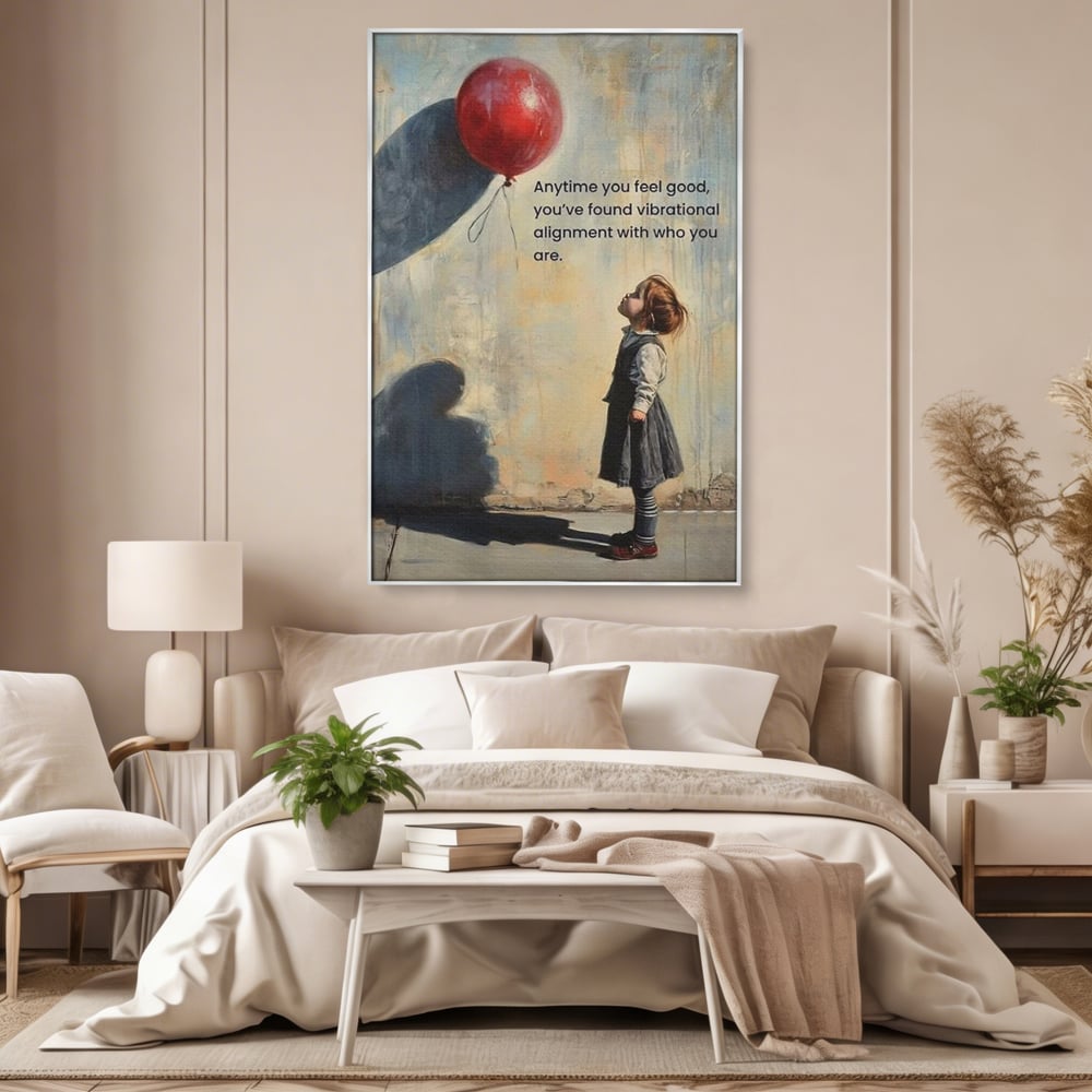 Tablou canvas cu tablou canvas cu fetita si balon rosu, in rama de aluminiu argintiu, pe perete intr-un dormitor