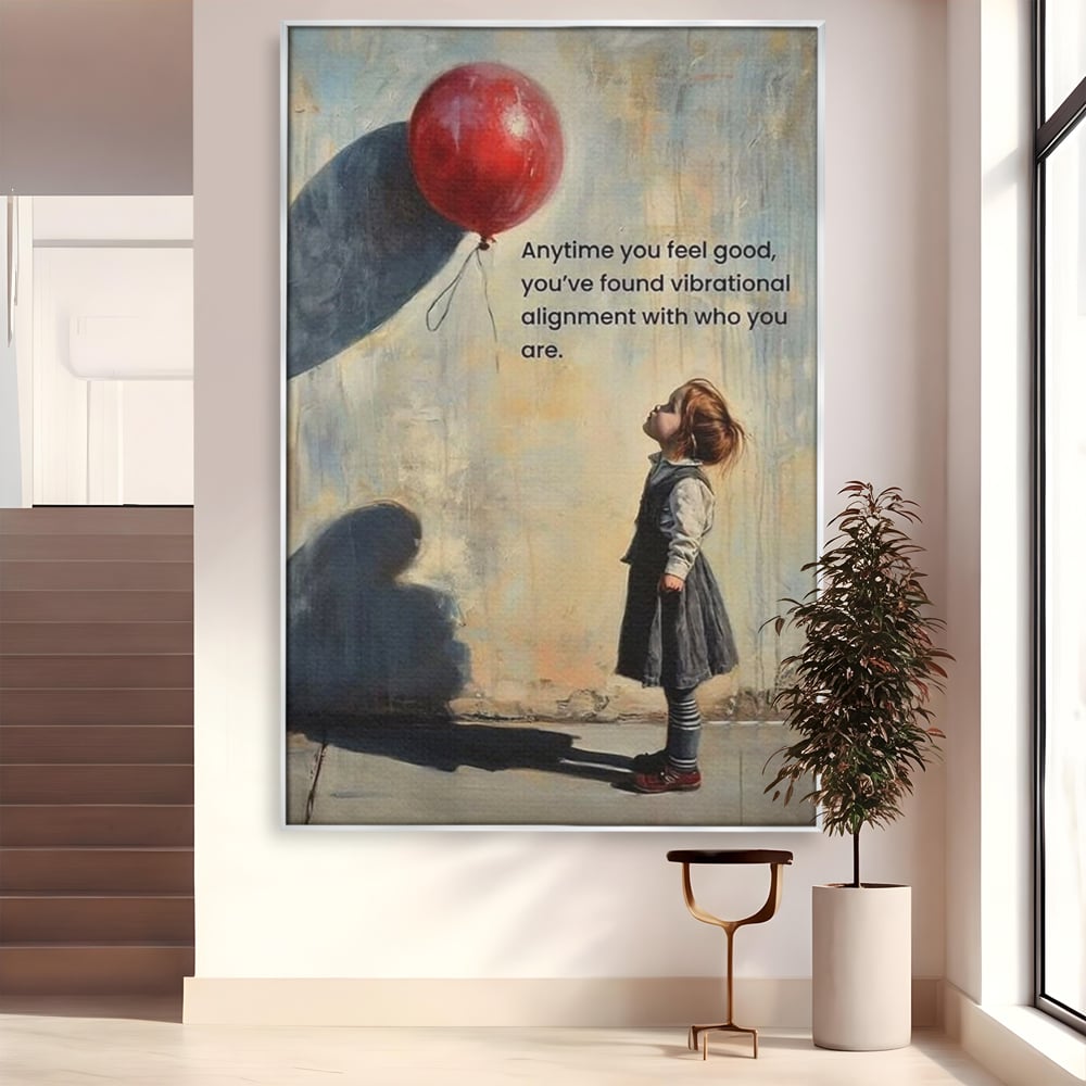 Tablou canvas cu tablou canvas cu fetita si balon rosu, in rama de aluminiu argintiu