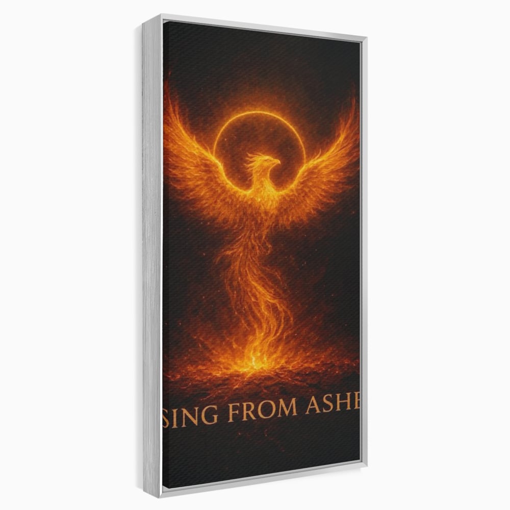 Tablou canvas cu ilustratie digitala cu pasarea phoenix din flacari, in rama de aluminiu argintiu