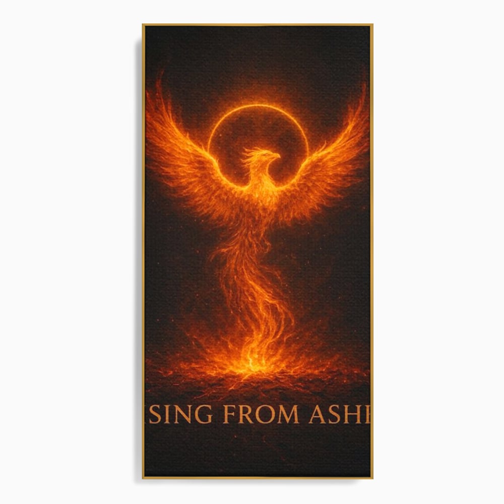 Tablou canvas cu ilustratie digitala cu pasarea phoenix din flacari, in rama de aluminiu auriu