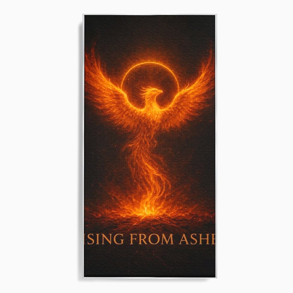 Tablou canvas cu ilustratie digitala cu pasarea phoenix din flacari, in rama de aluminiu argintiu