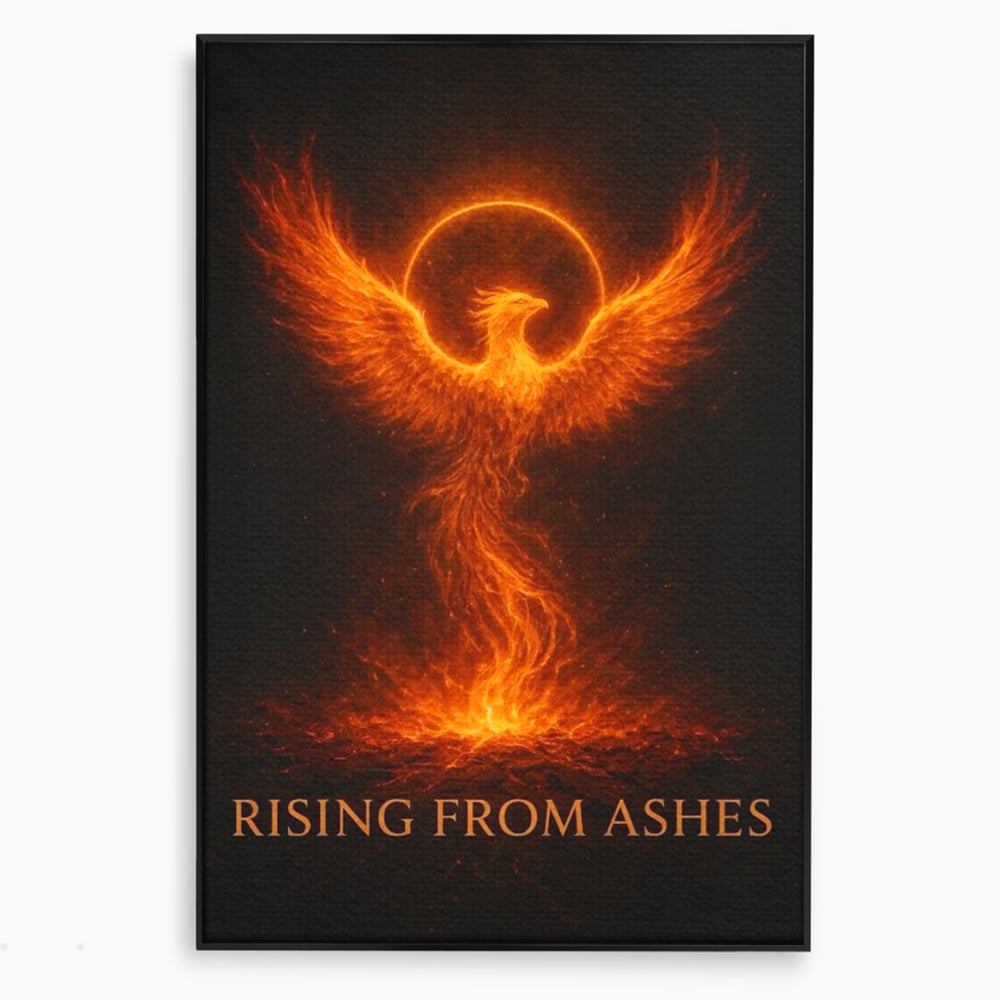 Tablou canvas cu ilustratie digitala cu pasarea phoenix din flacari, in rama de aluminiu negru