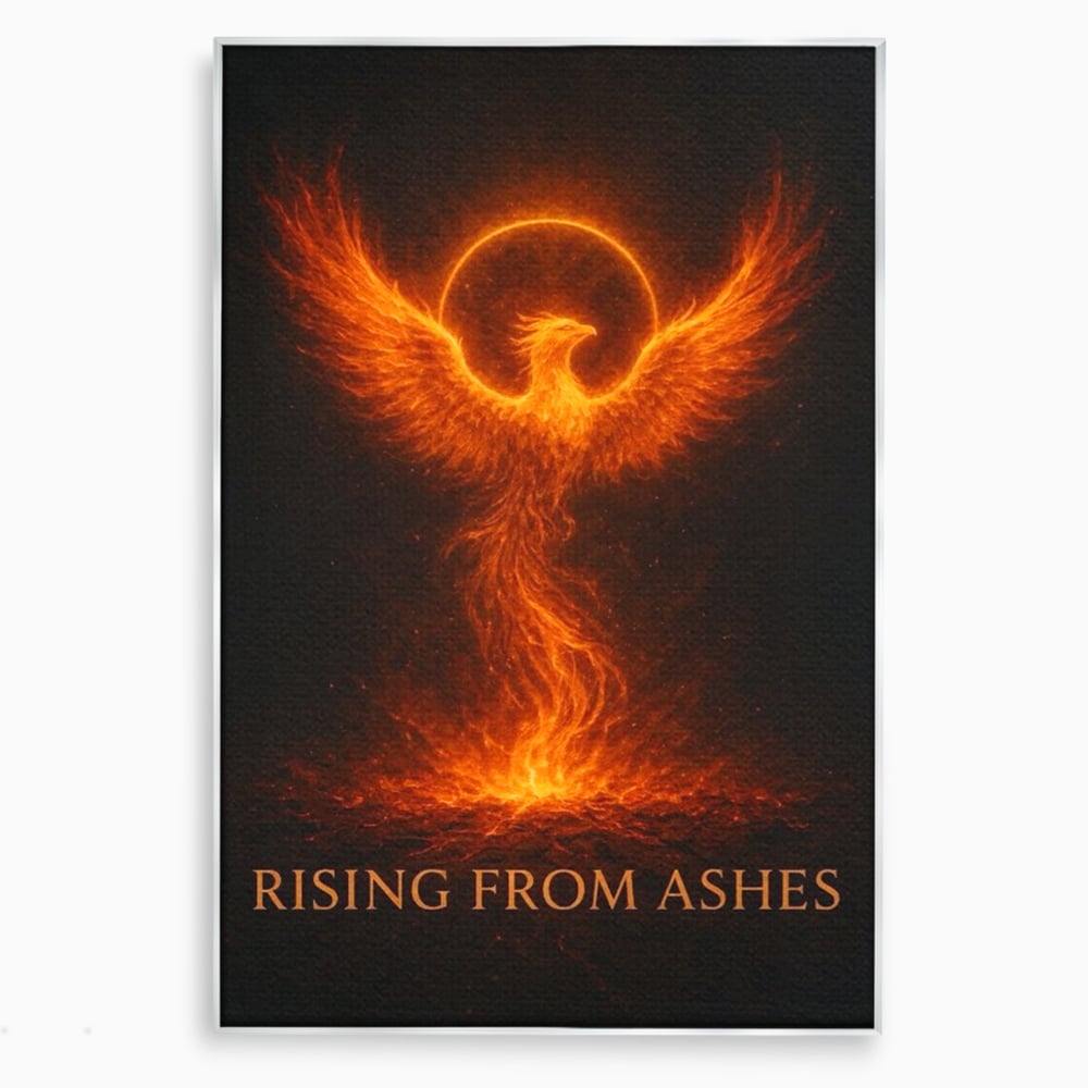Tablou canvas cu ilustratie digitala cu pasarea phoenix din flacari, in rama de aluminiu argintiu