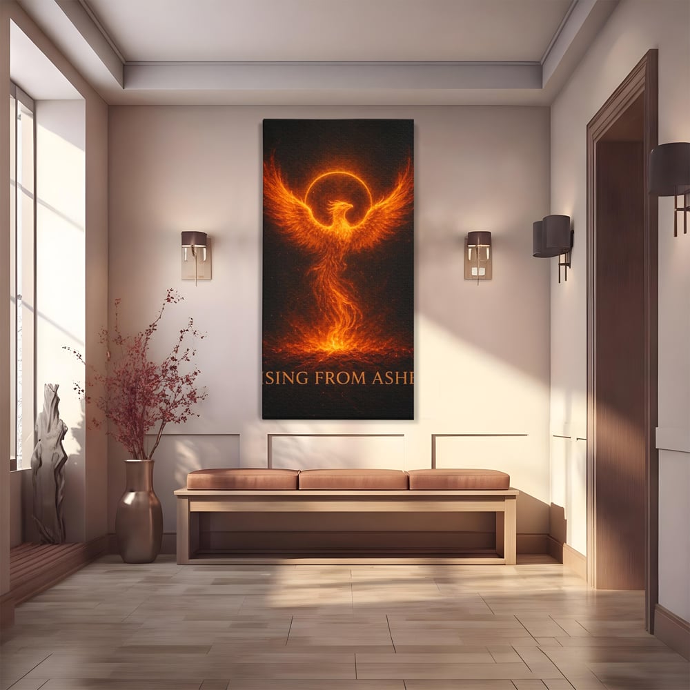 Tablou canvas cu ilustratie digitala cu pasarea phoenix din flacari, fara rama, pe sasiu de lemn
