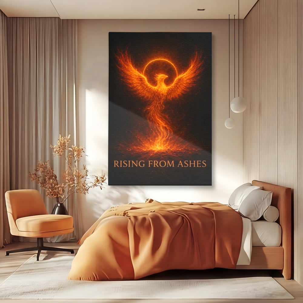 Tablou canvas cu ilustratie digitala cu pasarea phoenix din flacari, fara rama, pe sasiu de lemn, pe perete intr-un dormitor