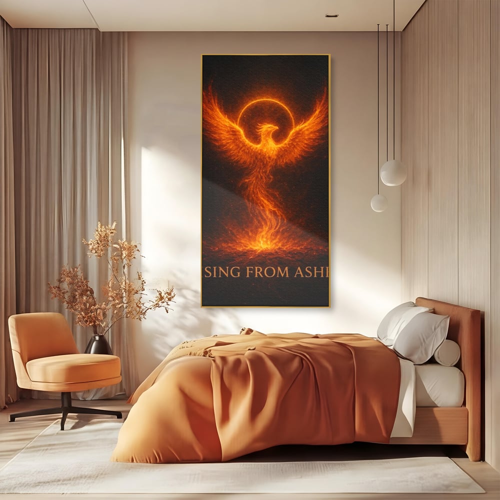 Tablou canvas cu ilustratie digitala cu pasarea phoenix din flacari, in rama de aluminiu auriu, pe perete intr-un dormitor