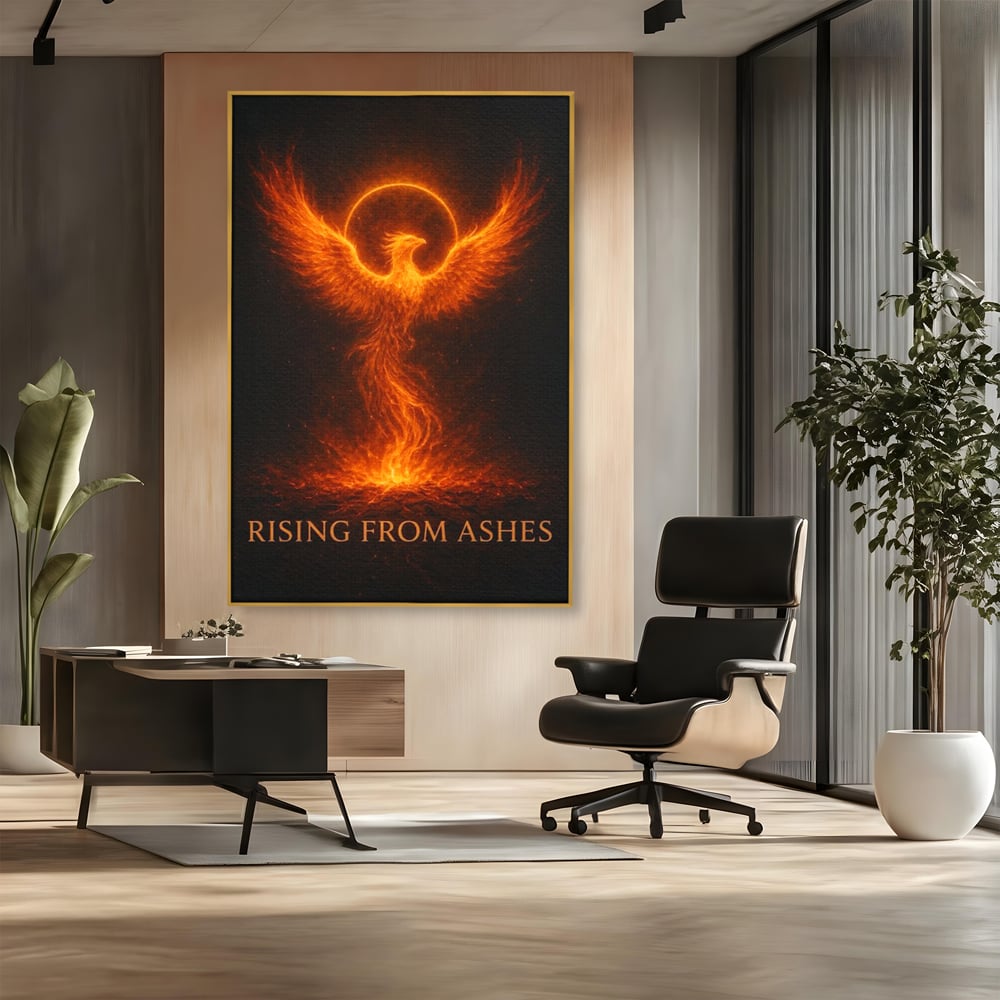 Tablou canvas cu ilustratie digitala cu pasarea phoenix din flacari, in rama de aluminiu auriu, pe perete intr-un birou